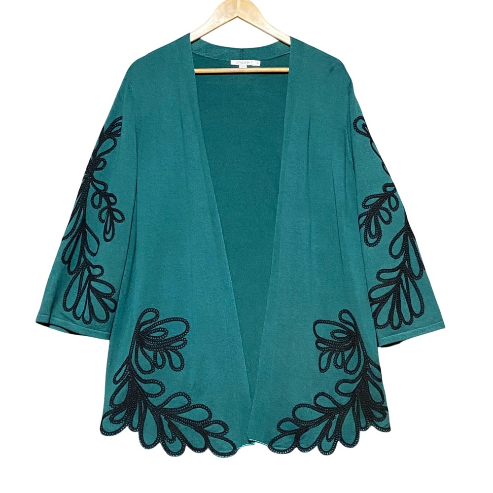 Chicos Green Soutache Embroidered Open Front Cardigan Scalloped Hem Size 2 US L